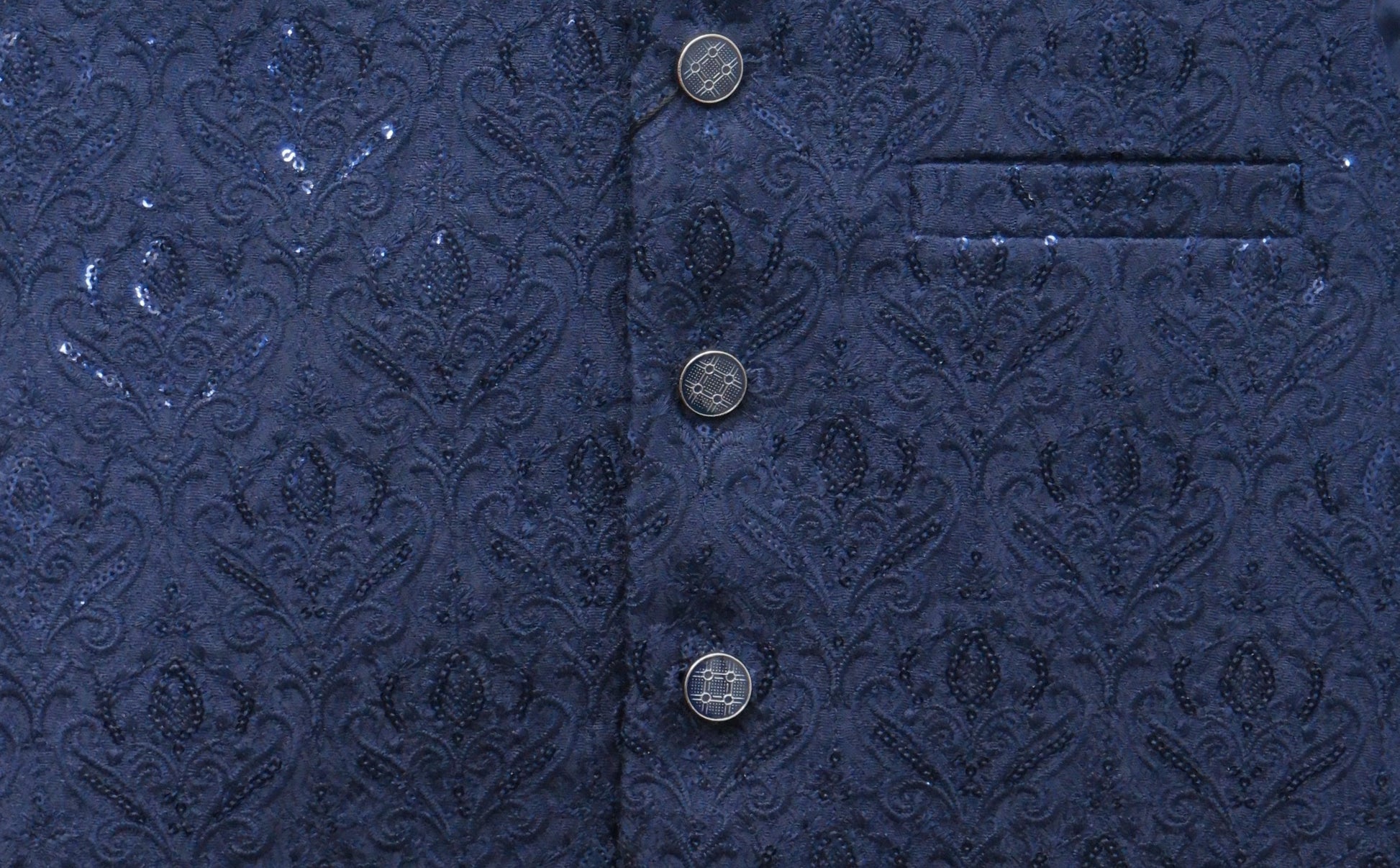 Men's Sequin Embroidery Jamawar Navy Crown Design Waistcoat Fabric