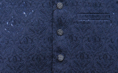 Men's Sequin Embroidery Jamawar Navy Crown Design Waistcoat Fabric
