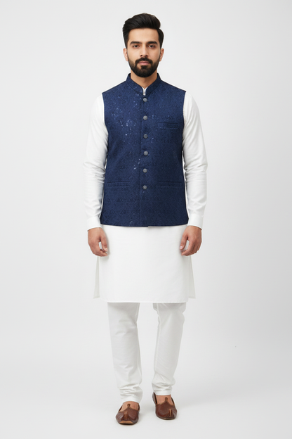 Men's Sequin Embroidery Jamawar Navy Crown Design Waistcoat Full