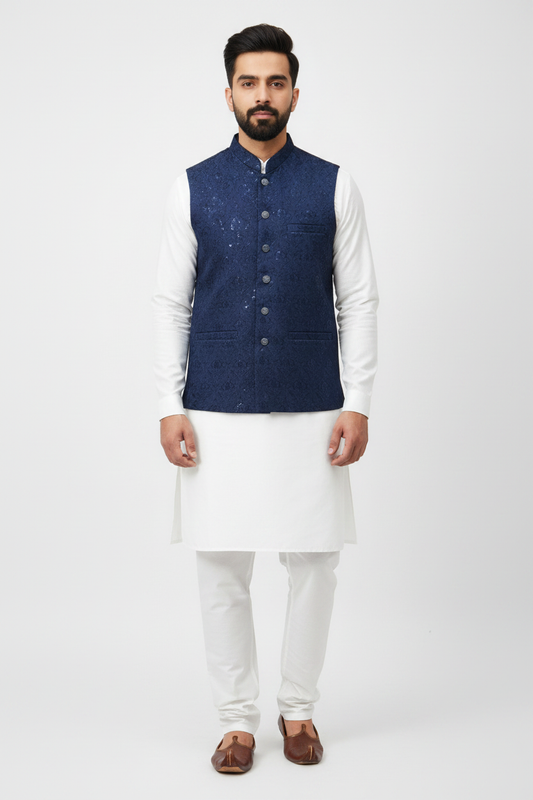 Men's Sequin Embroidery Jamawar Navy Crown Design Waistcoat Full