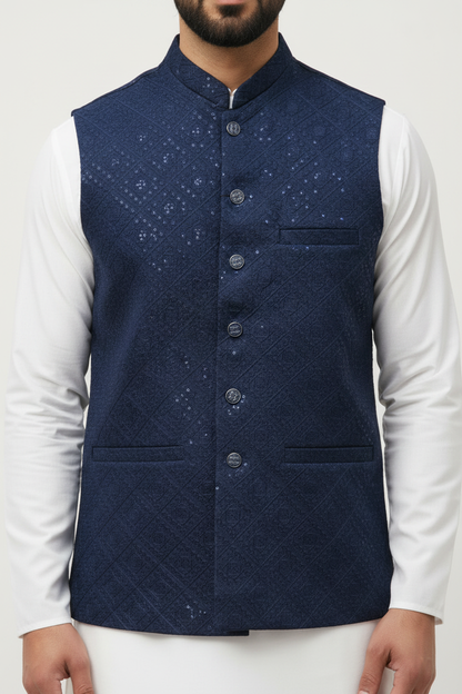 Men's Sequin Embroidery Jamawar Navy Diamond Design Waistcoat Close Up