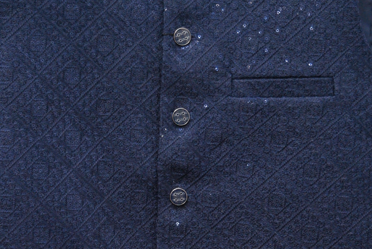Men's Sequin Embroidery Jamawar Navy Diamond Design Waistcoat Fabric
