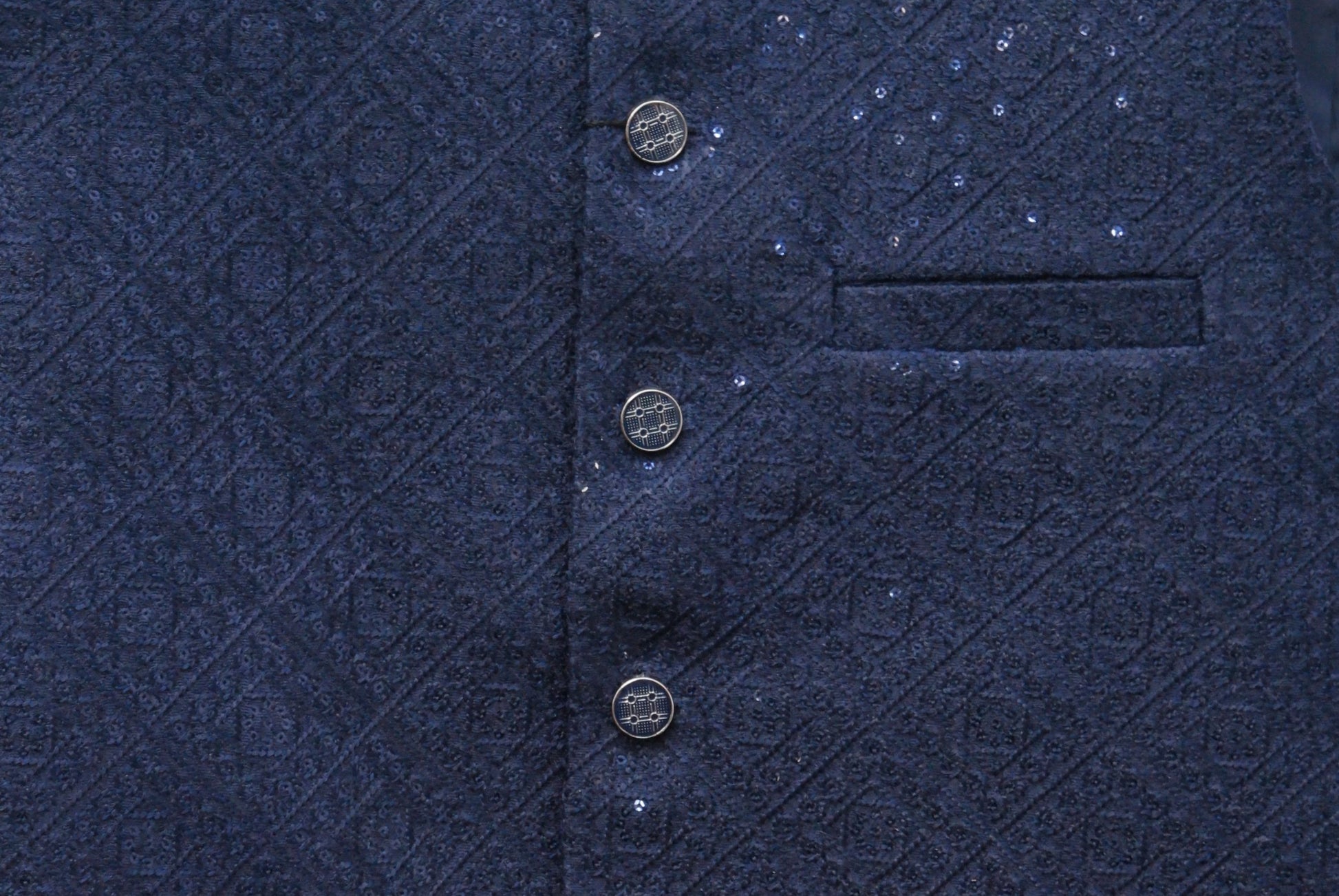Men's Sequin Embroidery Jamawar Navy Diamond Design Waistcoat Fabric