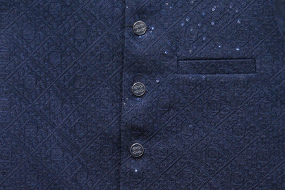 Men's Sequin Embroidery Jamawar Navy Diamond Design Waistcoat Fabric