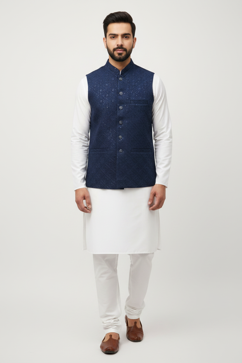 Men's Sequin Embroidery Jamawar Navy Diamond Design Waistcoat Full