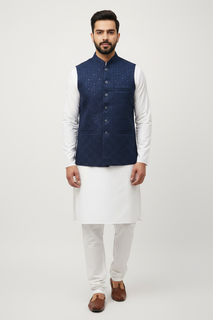 Men's Sequin Embroidery Jamawar Navy Diamond Design Waistcoat Full