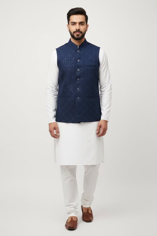 Men's Sequin Embroidery Jamawar Navy Diamond Design Waistcoat Full