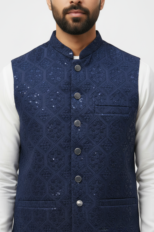 Men's Sequin Embroidery Jamawar Navy Hex Design Waistcoat Close Up