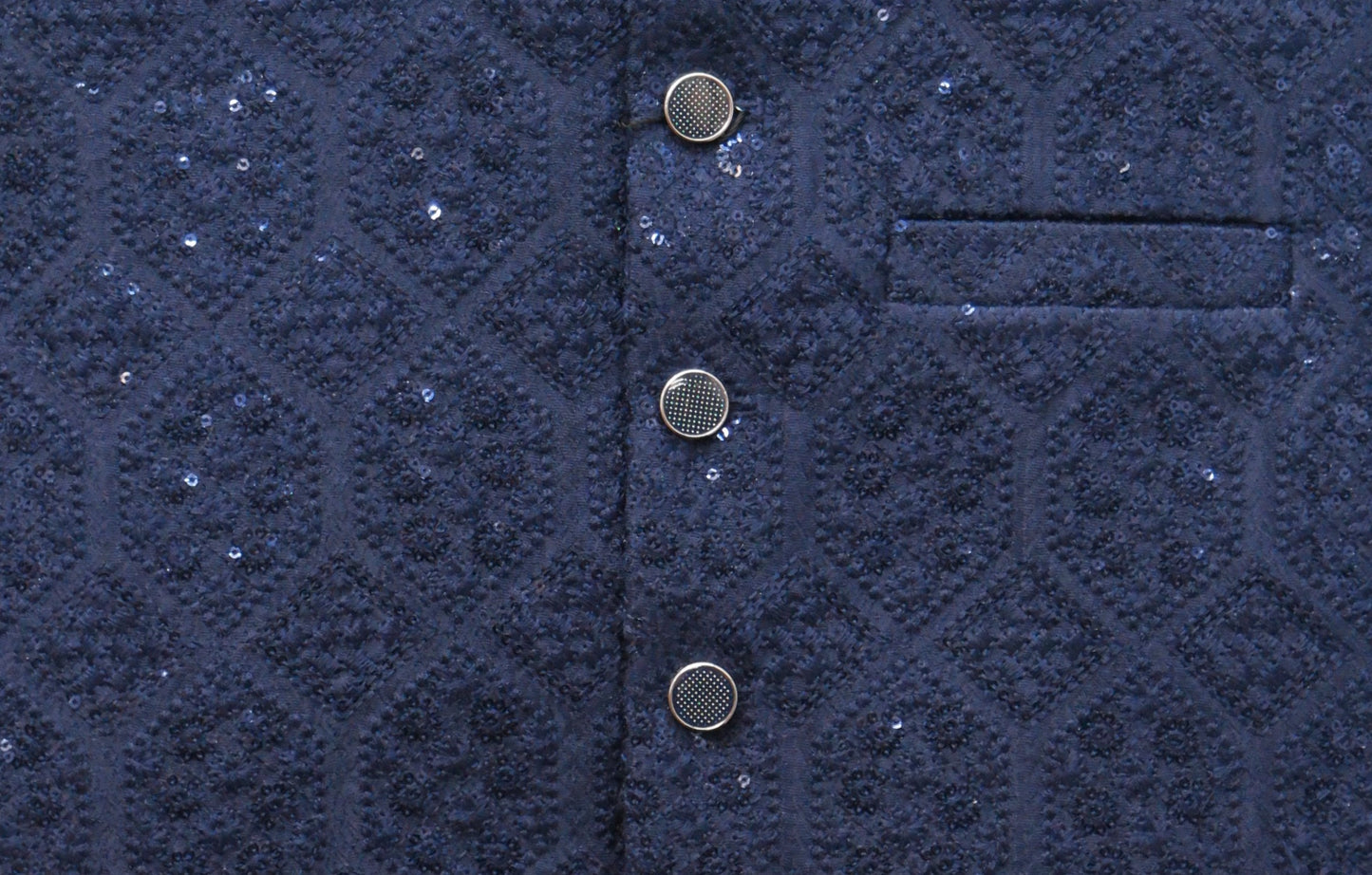 Men's Sequin Embroidery Jamawar Navy Hex Design Waistcoat Fabric