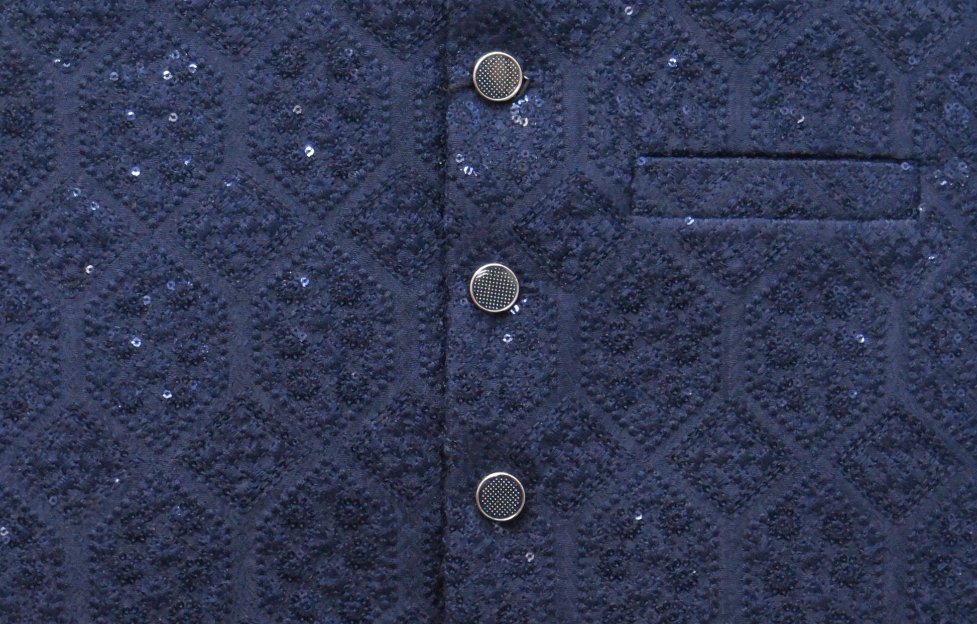 Men's Sequin Embroidery Jamawar Navy Hex Design Waistcoat Fabric