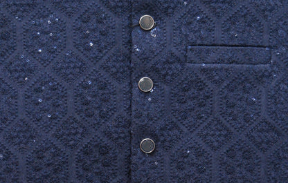 Men's Sequin Embroidery Jamawar Navy Hex Design Waistcoat Fabric
