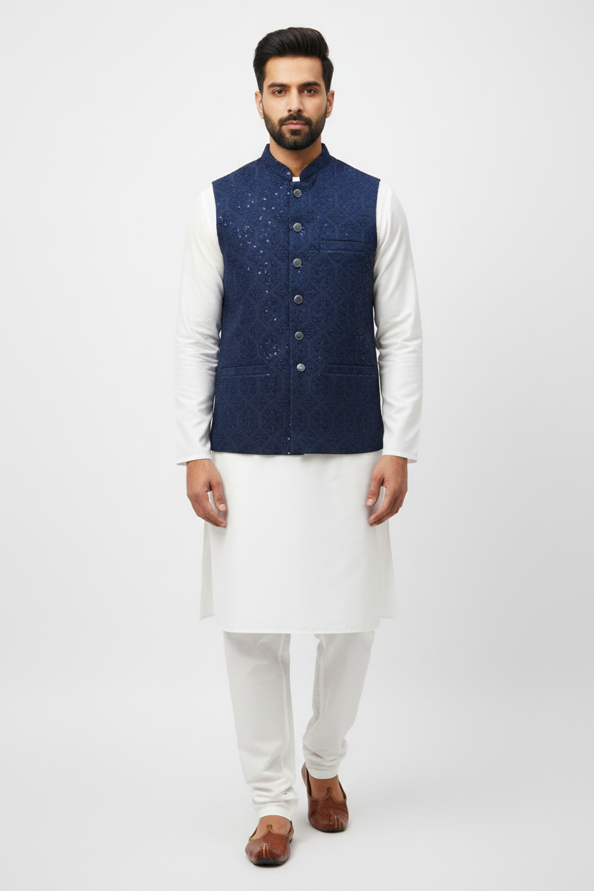 Men's Sequin Embroidery Jamawar Navy Hex Design Waistcoat Full