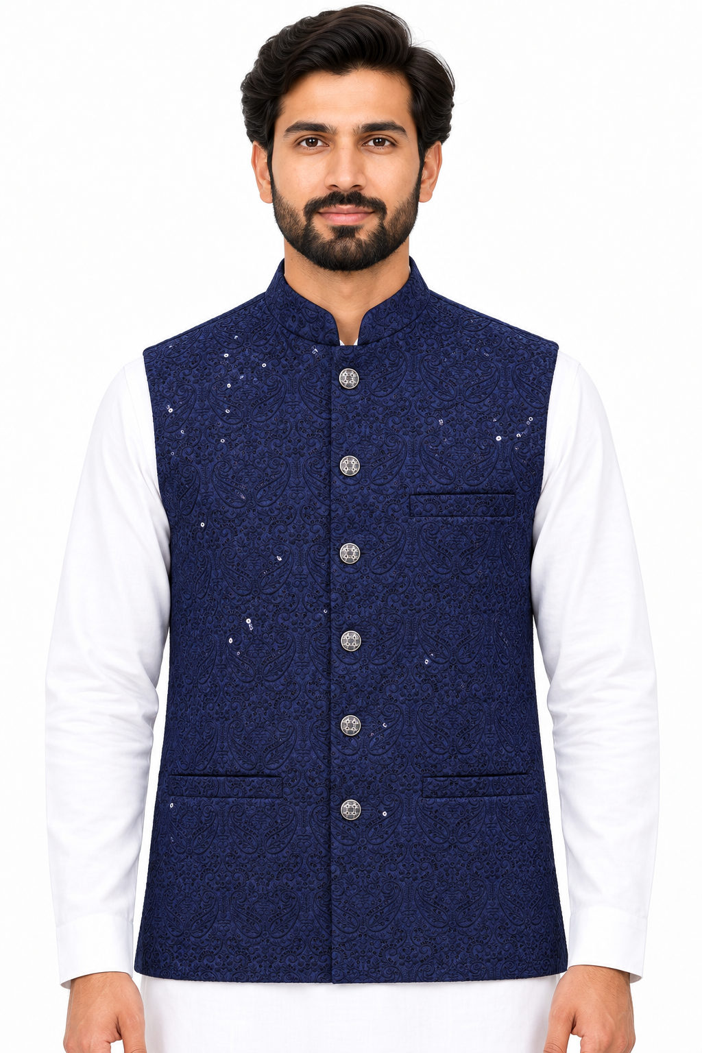 Men's Sequin Embroidery Jamawar Navy Paisley Design Waistcoat Close Up