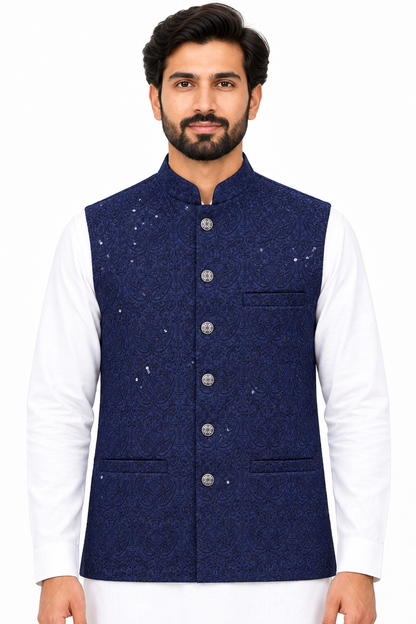 Men's Sequin Embroidery Jamawar Navy Paisley Design Waistcoat Close Up