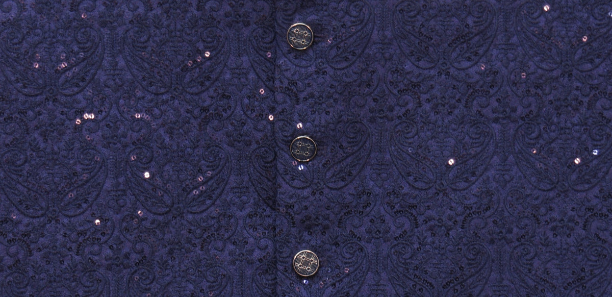 Men's Sequin Embroidery Jamawar Navy Paisley Design Waistcoat Fabric