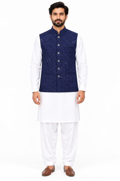 Men's Sequin Embroidery Jamawar Navy Paisley Design Waistcoat Full