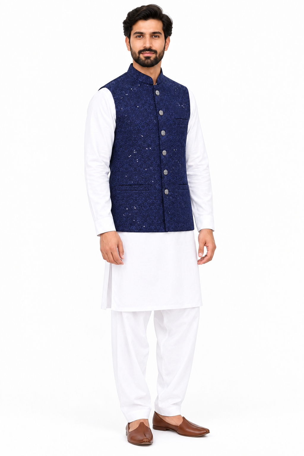 Men's Sequin Embroidery Jamawar Navy Paisley Design Waistcoat Full Angled