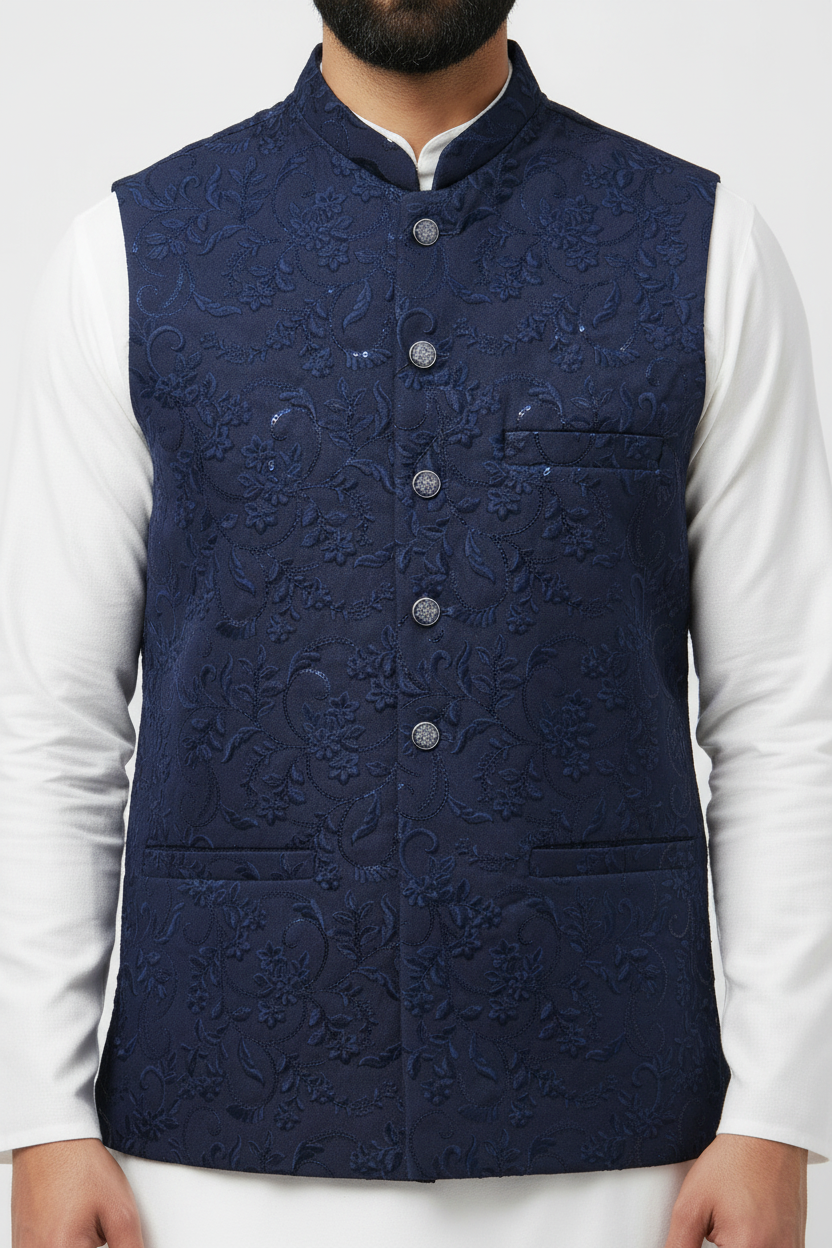 Men's Sequin Embroidery Jamawar Navy Thread Motif Design Waistcoat Close Up