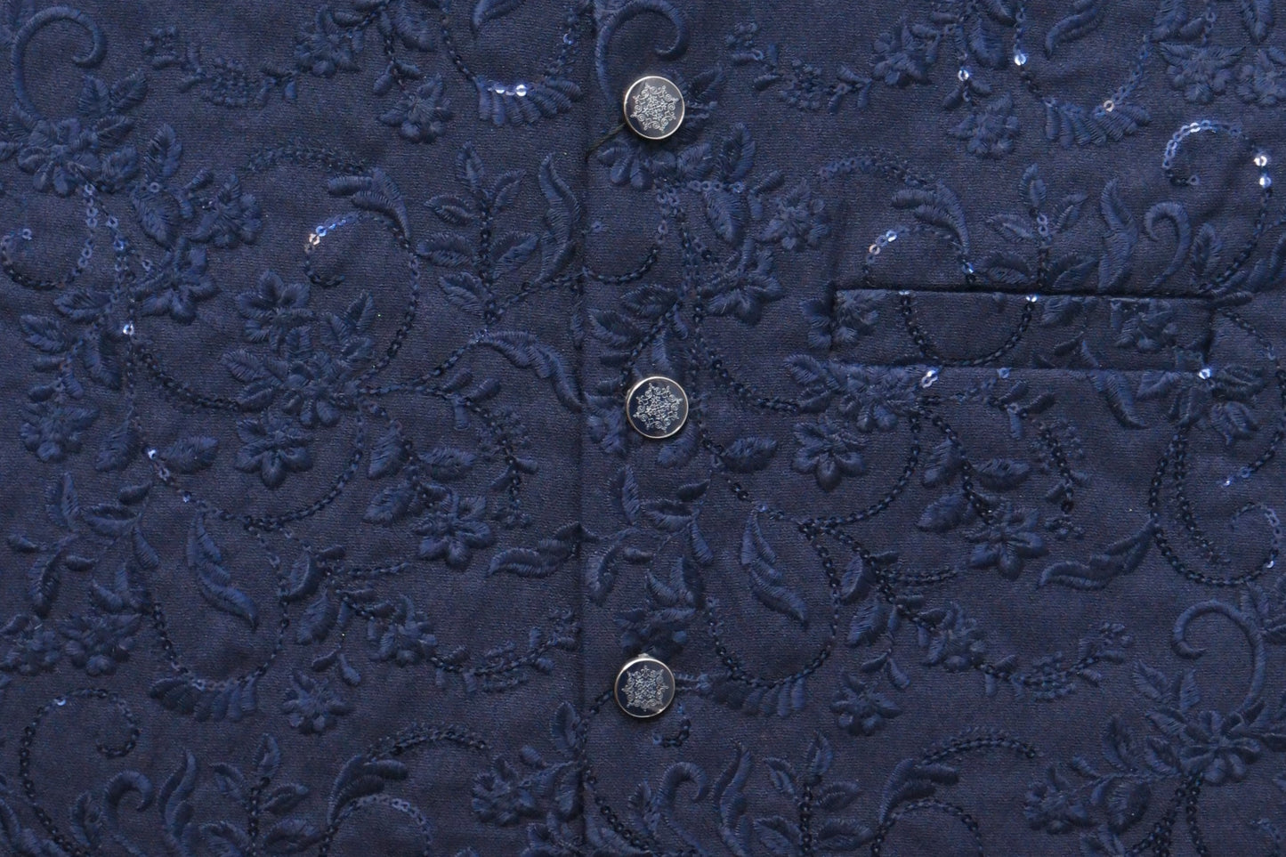 Men's Sequin Embroidery Jamawar Navy Thread Motif Design Waistcoat Fabric