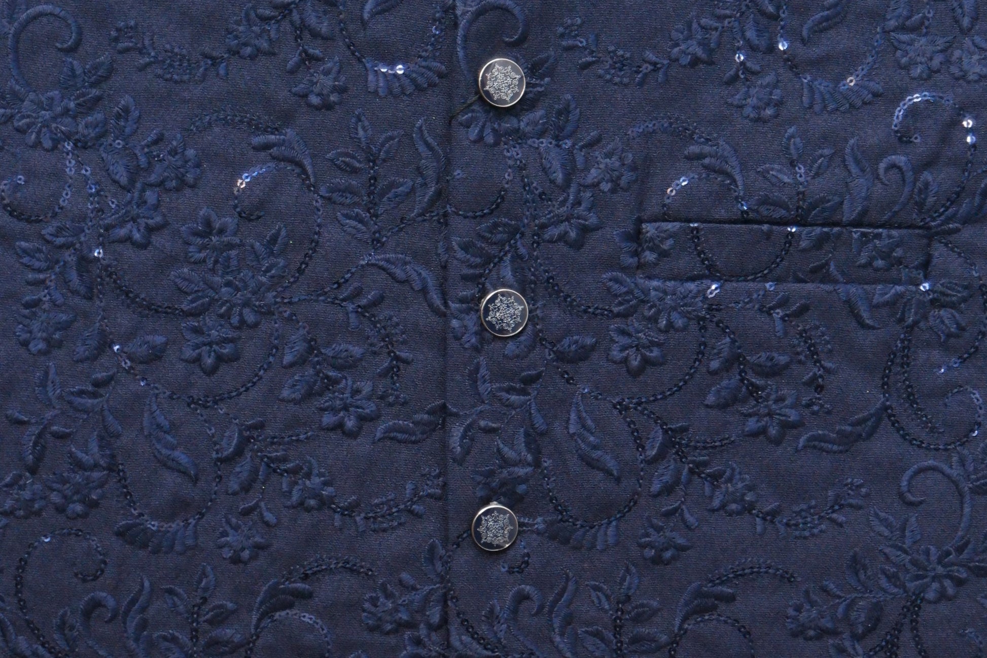 Men's Sequin Embroidery Jamawar Navy Thread Motif Design Waistcoat Fabric
