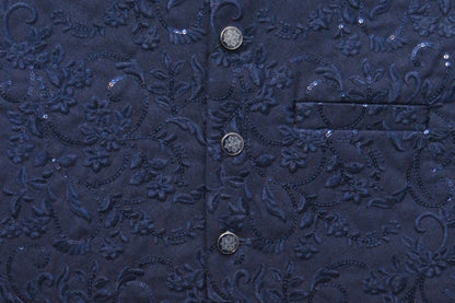 Men's Sequin Embroidery Jamawar Navy Thread Motif Design Waistcoat Fabric