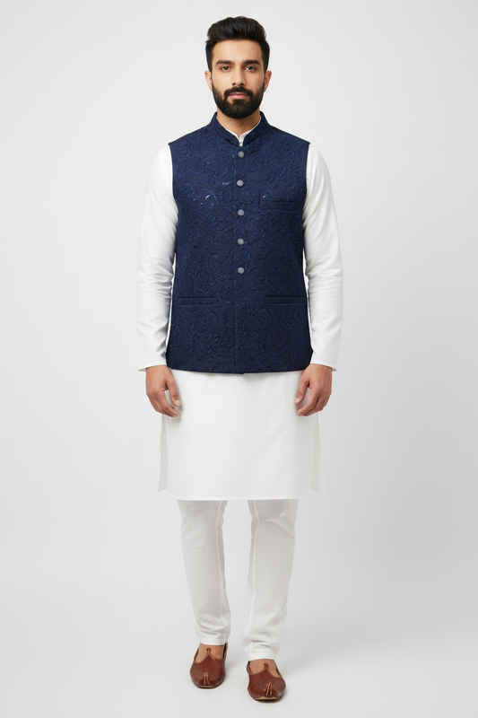 Men's Sequin Embroidery Jamawar Navy Thread Motif Design Waistcoat Full