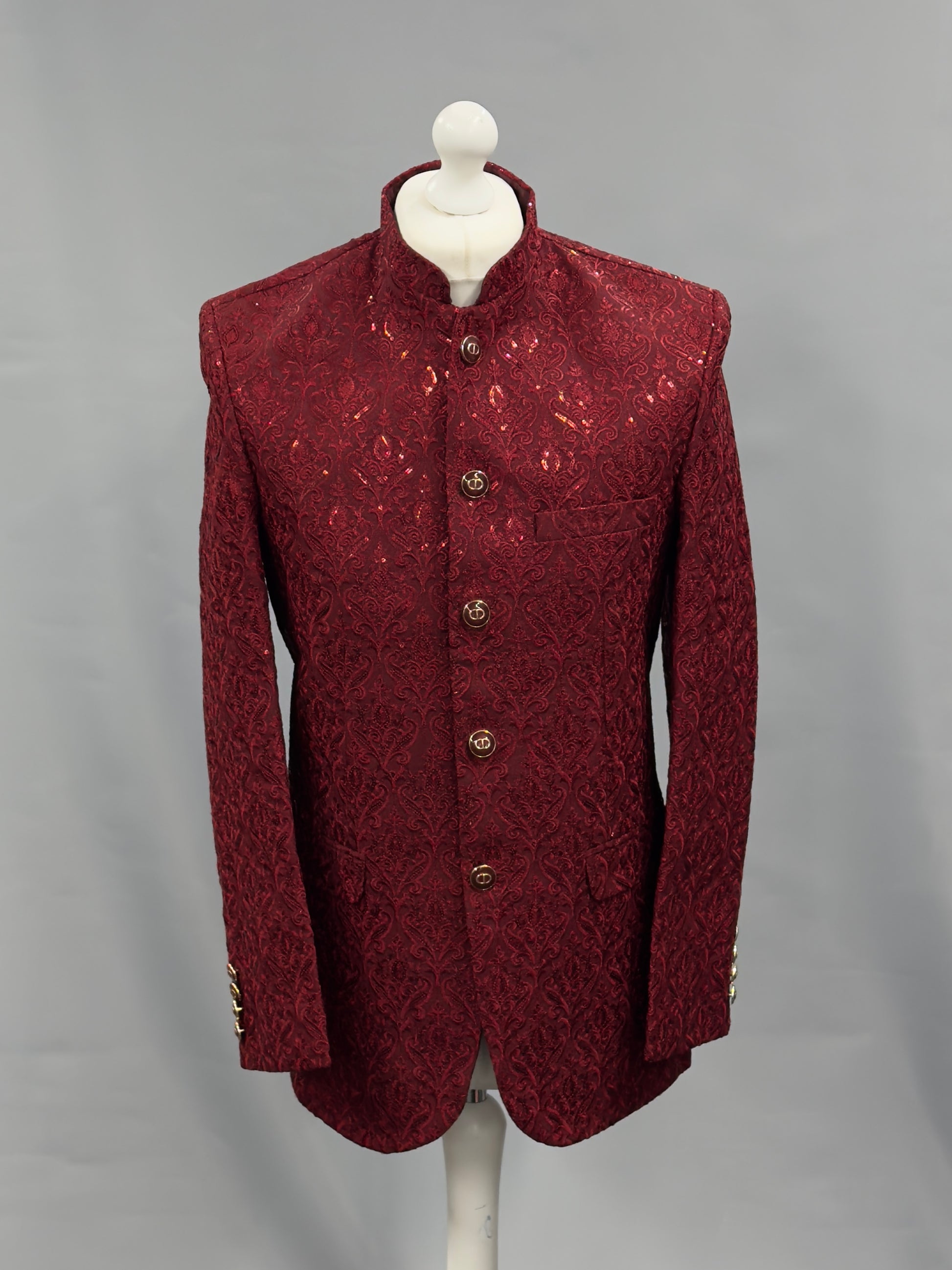 Men's Sequin Embroidery Jamawar Ruby Crown Design Prince Jacket Gold Buttons