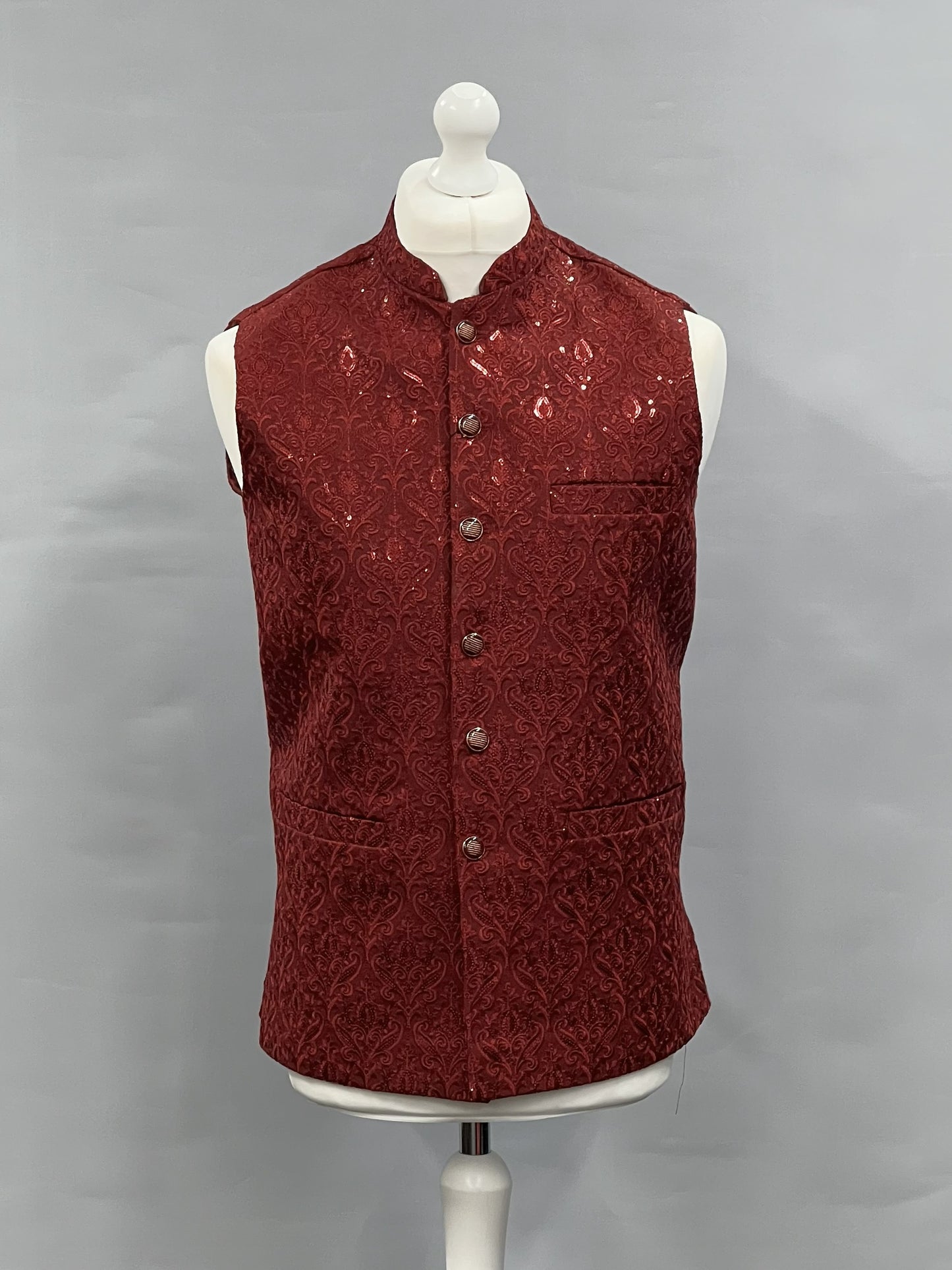 Men's Sequin Embroidery Jamawar Ruby Crown Design Waistcoat Gold Buttons