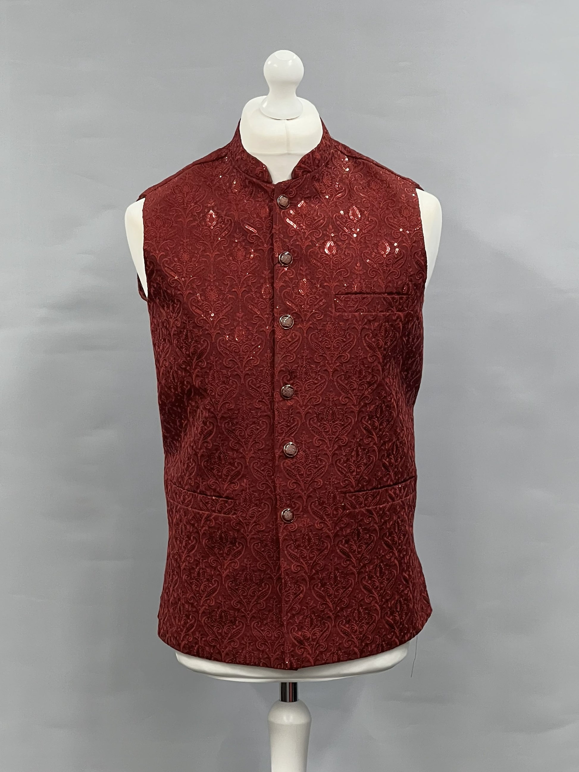 Men's Sequin Embroidery Jamawar Ruby Crown Design Waistcoat Gold Buttons