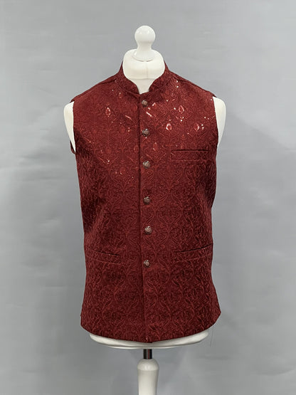 Men's Sequin Embroidery Jamawar Ruby Crown Design Waistcoat Gold Buttons