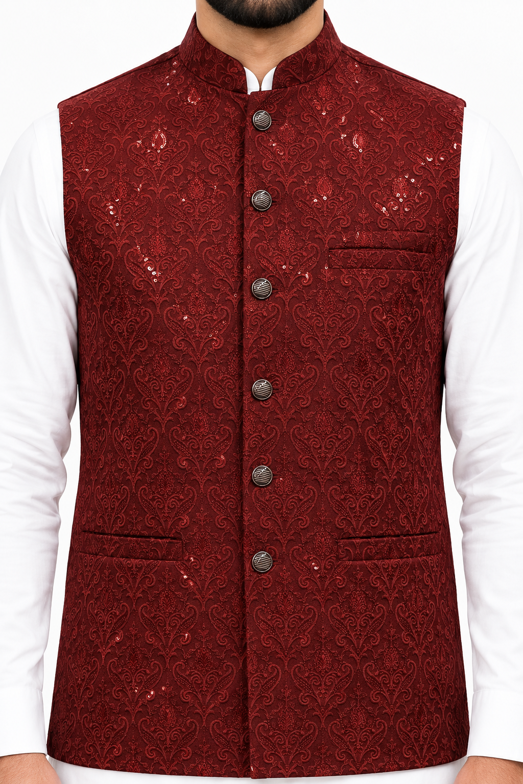 Men's Sequin Embroidery Jamawar Ruby Crown Design Waistcoat Gold Buttons Close Up