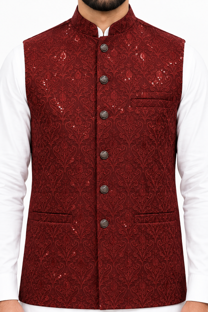 Men's Sequin Embroidery Jamawar Ruby Crown Design Waistcoat Gold Buttons Close Up