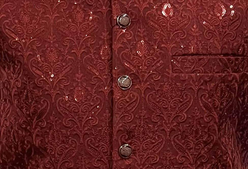 Men's Sequin Embroidery Jamawar Ruby Crown Design Waistcoat Gold Buttons Fabric