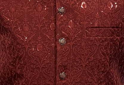 Men's Sequin Embroidery Jamawar Ruby Crown Design Waistcoat Gold Buttons Fabric