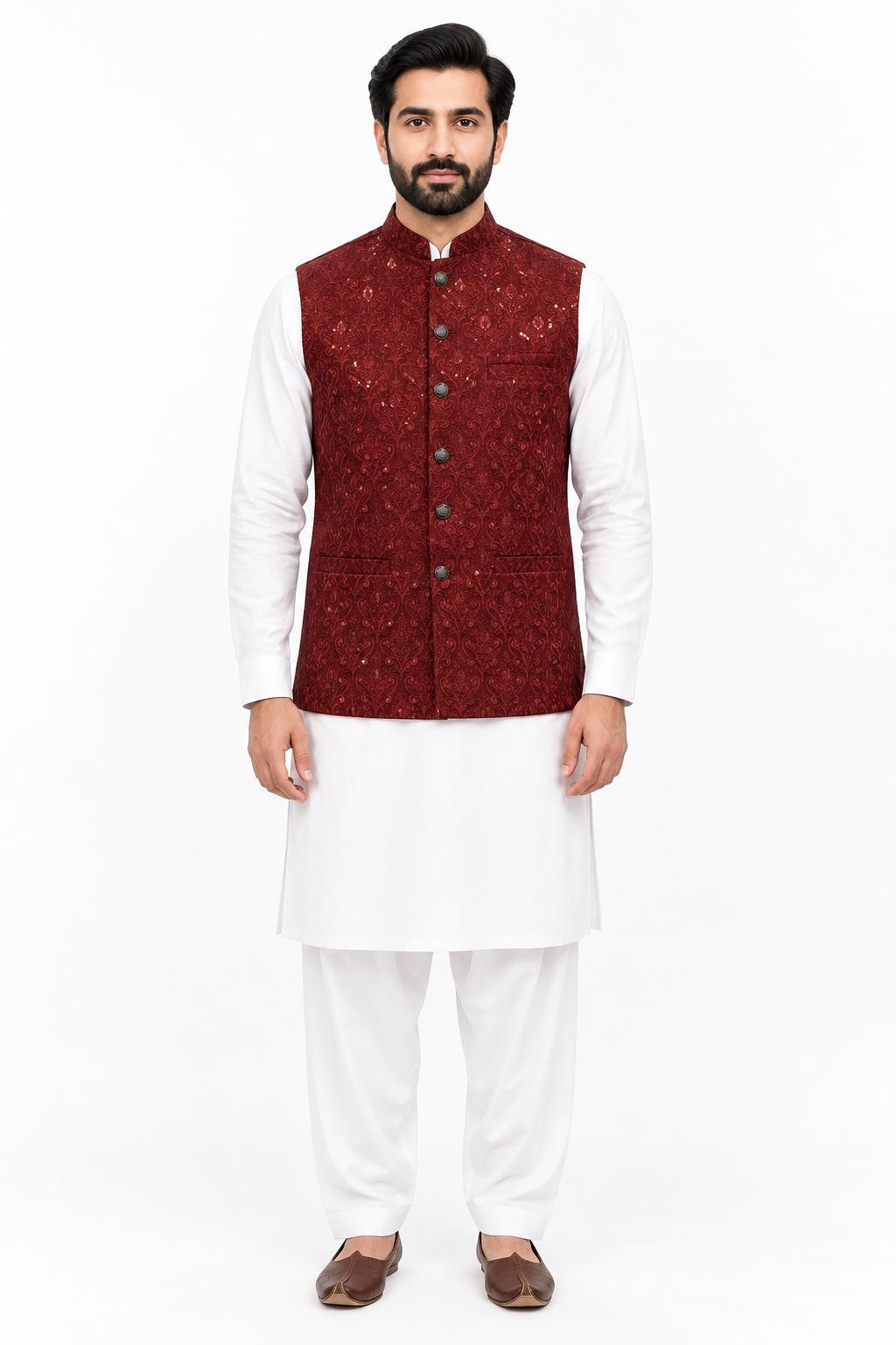 Men's Sequin Embroidery Jamawar Ruby Crown Design Waistcoat Gold Buttons Full