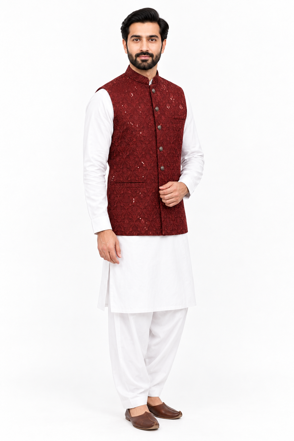 Men's Sequin Embroidery Jamawar Ruby Crown Design Waistcoat Gold Buttons Full Angled
