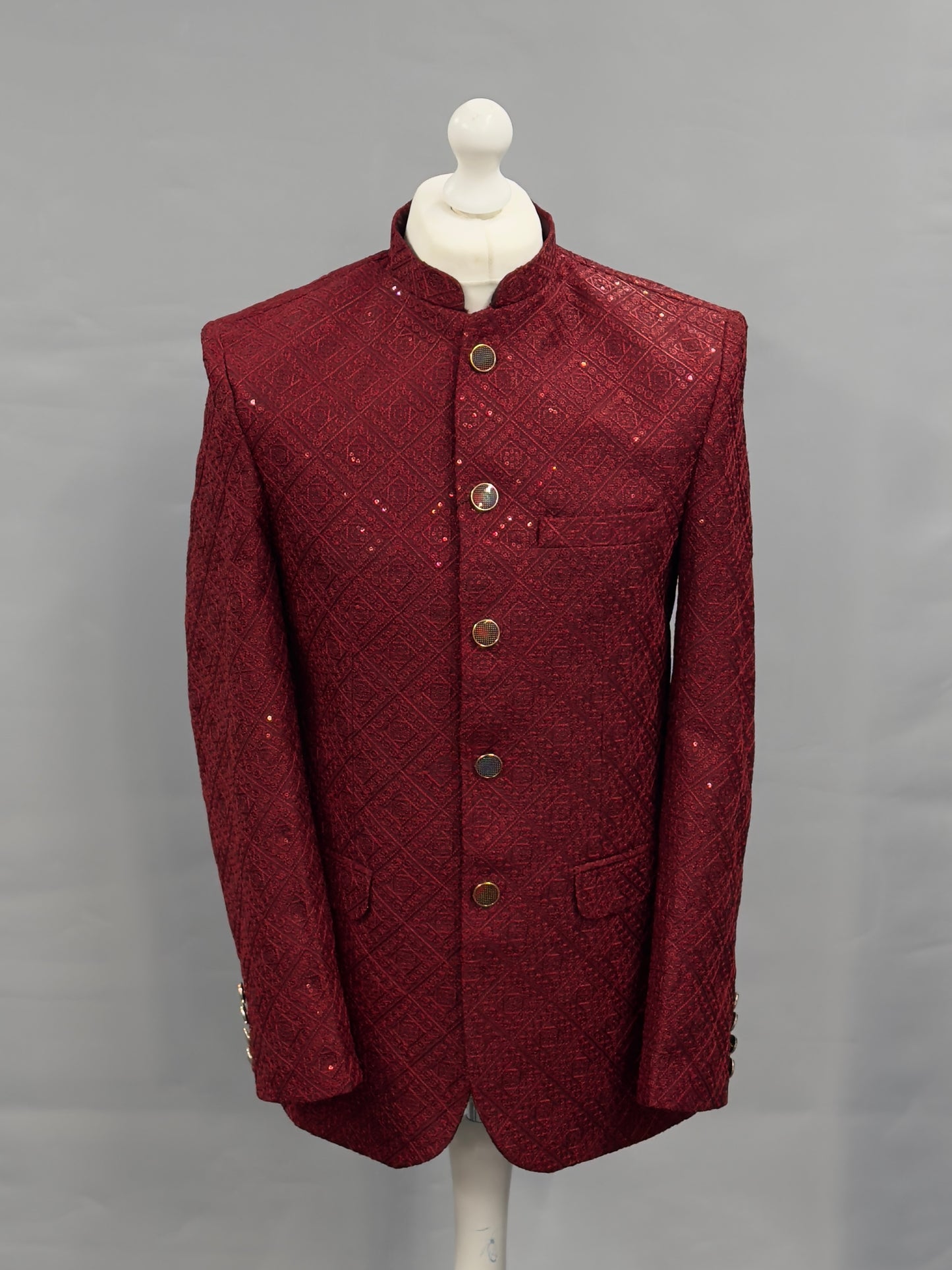 Men's Sequin Embroidery Jamawar Ruby Diamond Design Prince Jacket Gold Buttons
