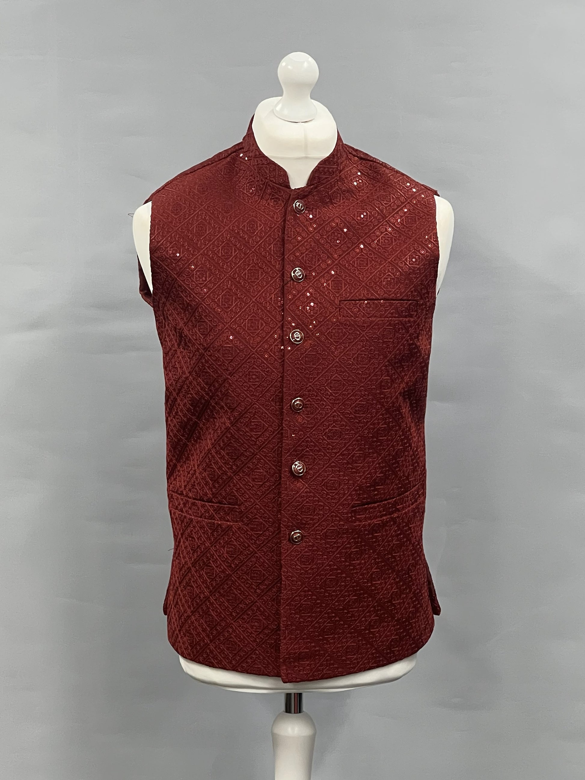 Men's Sequin Embroidery Jamawar Ruby Diamond Design Waistcoat Gold Buttons