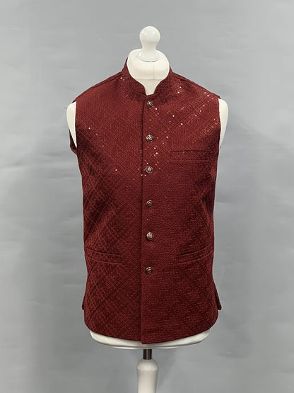 Men's Sequin Embroidery Jamawar Ruby Diamond Design Waistcoat Gold Buttons