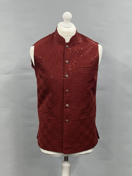 Men's Sequin Embroidery Jamawar Ruby Diamond Design Waistcoat Gold Buttons