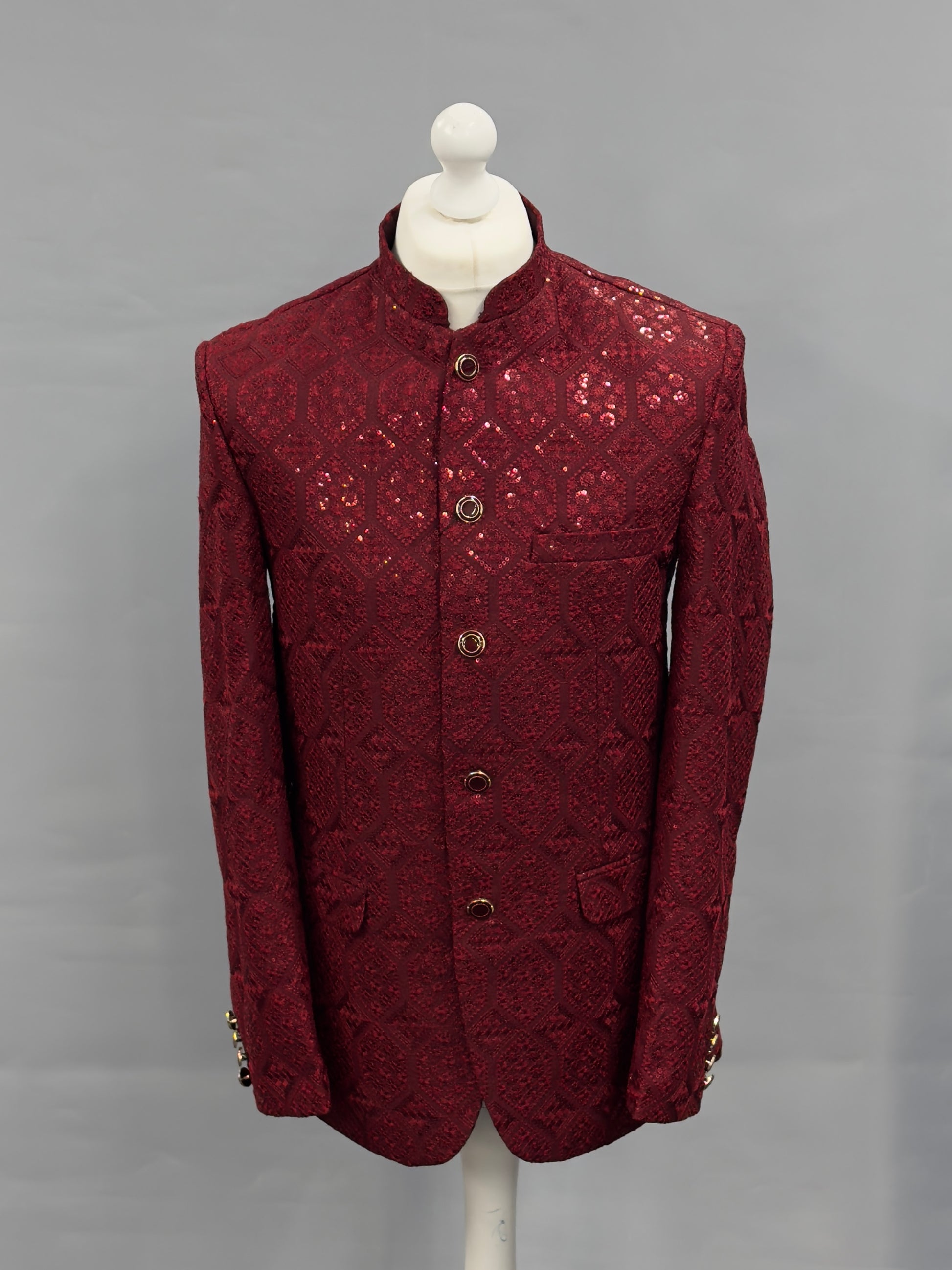 Men's Sequin Embroidery Jamawar Ruby Hex Design Prince Jacket Gold Buttons