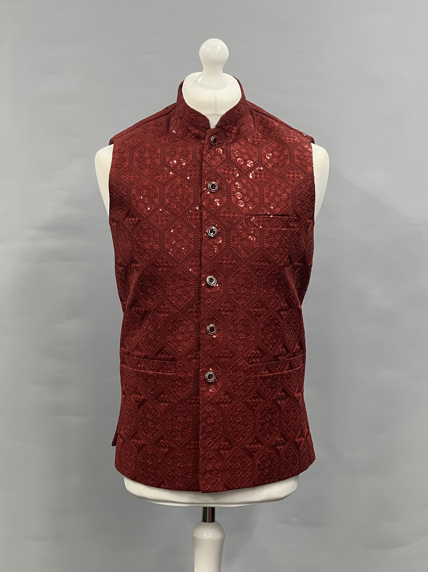Men's Sequin Embroidery Jamawar Ruby Hex Design Waistcoat Gold Buttons