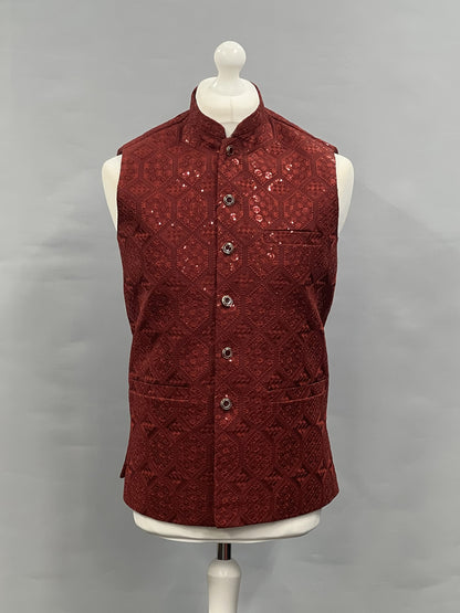 Men's Sequin Embroidery Jamawar Ruby Hex Design Waistcoat Gold Buttons