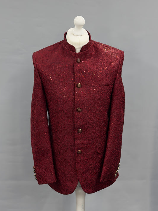Men's Sequin Embroidery Jamawar Ruby Paisley Design Prince Jacket Gold Buttons