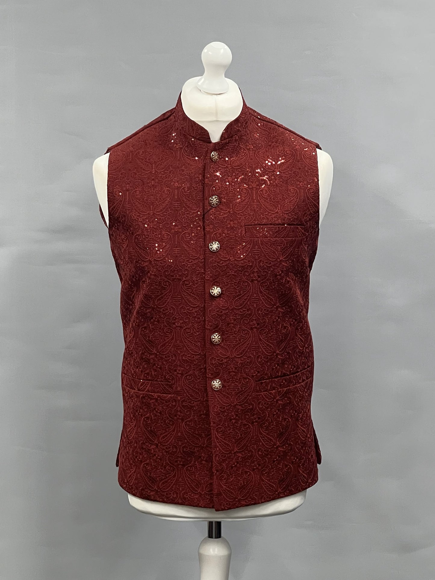 Men's Sequin Embroidery Jamawar Ruby Paisley Design Waistcoat Gold Buttons