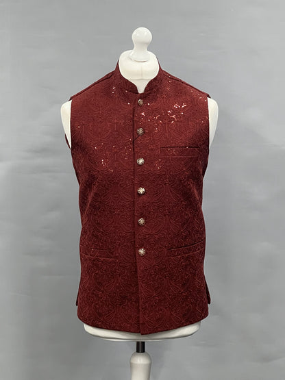 Men's Sequin Embroidery Jamawar Ruby Paisley Design Waistcoat Gold Buttons
