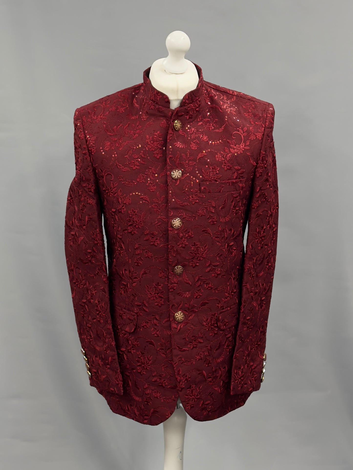 Men's Sequin Embroidery Jamawar Ruby Thread Motif Design Prince Jacket Gold Buttons