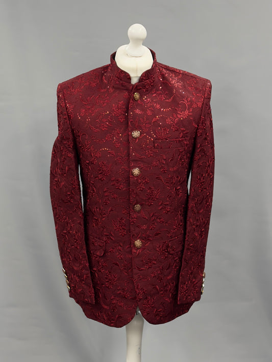 Men's Sequin Embroidery Jamawar Ruby Thread Motif Design Prince Jacket Gold Buttons
