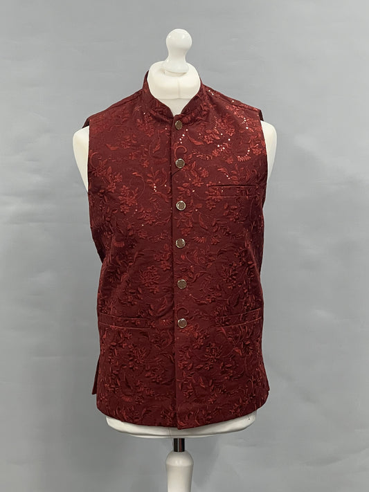 Men's Sequin Embroidery Jamawar Ruby Thread Motif Design Waistcoat Gold Buttons