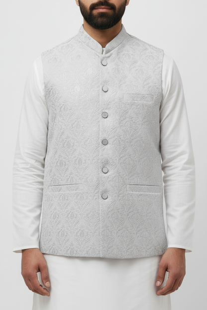Men's Sequin Embroidery Jamawar Silver Crown Design Waistcoat Close Up
